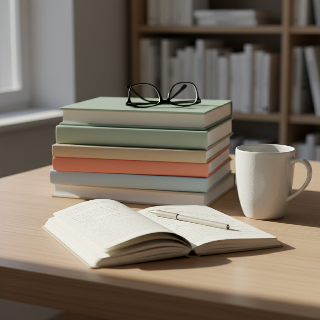 A neatly stacked pile of hardcover and paperback books in varied but muted summer tones—sandy beige, sea-glass green, sky blue, and soft coral—rests on a smooth, light oak desk. A single pair of black reading glasses lies folded on top of the stack, beside a slim, silver pen and an open linen-bound notebook filled with tidy, handwritten notes. Late afternoon natural light enters from the left, creating crisp yet gentle shadows and subtle reflections on a nearby minimalist white ceramic mug. The background is softly blurred bookshelves in neutral colors. Photographic realism, shot at eye level with a shallow depth of field and a clean, modern, professional aesthetic, evoking calm focus and thoughtful summer reading.