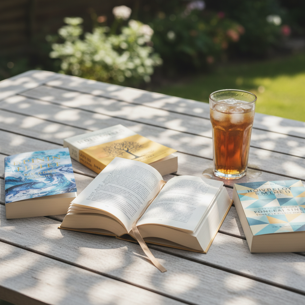 An open trade paperback novel lies face-up on a pale wooden patio table, pages slightly curved, with a slim, sand-colored bookmark peeking from the center. Around it, three other books form an informal semicircle, each with different, professional-looking cover designs in soft blues and warm yellows. A clear glass of iced tea with condensation beads sits to one side, leaving a faint ring on the table. Dappled late-morning sunlight filters through unseen leaves above, casting an intricate lace of shadows across the scene. Photographic realism, captured from a slightly elevated angle, with the background falling into gentle bokeh of a sunlit, out-of-focus garden. The mood is serene, studious, and inviting, ideal for a curated summer reading blog.