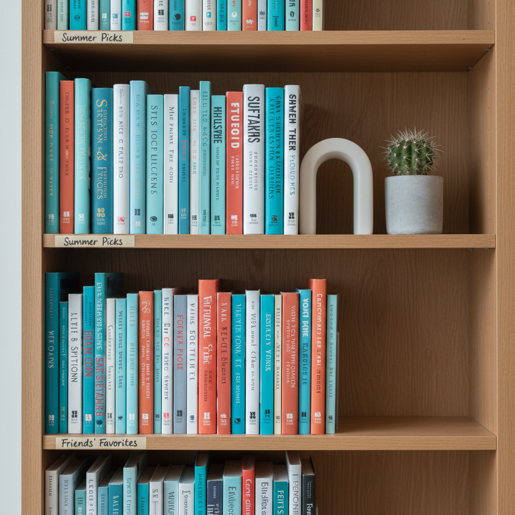 A close-up of a bookshelf segment featuring a curated row of well-kept novels and non-fiction titles, their spines in cohesive summer hues of teal, white, and soft terracotta. Discreet labels marked "Summer Picks" and "Friends’ Favorites" are neatly applied to two shelves. Between the books sits a small, matte-white ceramic bookend shaped as a simple geometric arch, and a tiny potted cactus in a concrete planter. Cool, diffused daylight from a nearby window illuminates the spines, producing soft, even lighting and faint shadows along the shelf edges. Photographic realism, shot straight-on with sharp focus throughout, giving a clean, organized, professional library feel, emphasizing thoughtful selection and discovery.